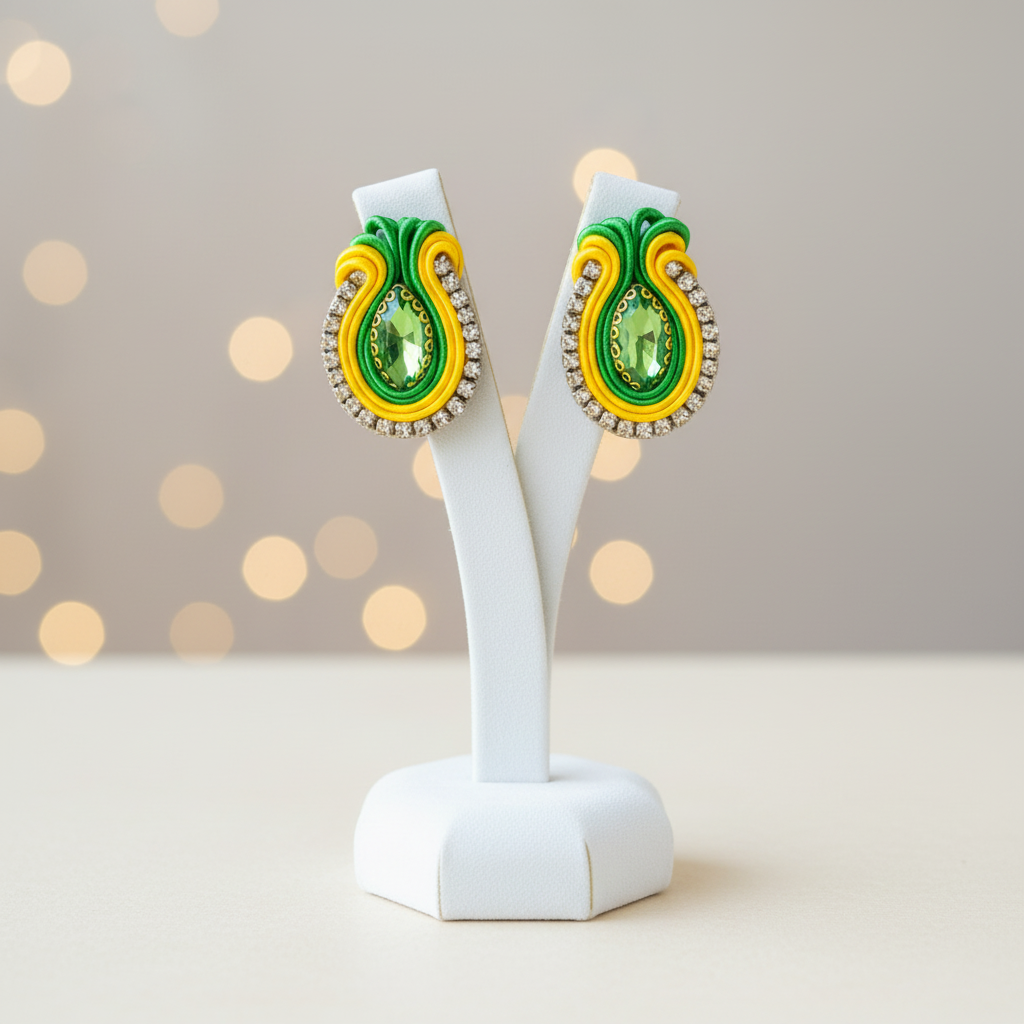 Aretes verdes y amarillos en exhibidor